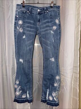 Grace in LA Blue Denim Flare Jeans with White Floral Embroidery, Sz 30